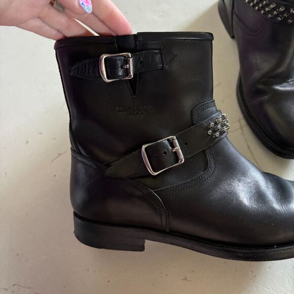 Saint Laurent Ankle Buckle Studded Leather Boots Black Size 37 US 7 - Picture 2 of 13